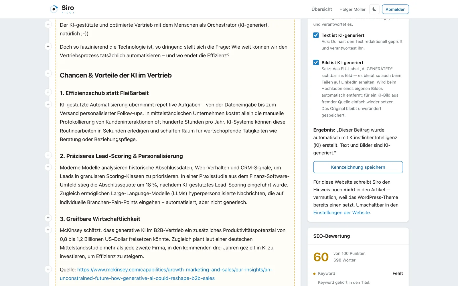 Artikel im Bearbeitungsmodus mit Plus-Marken zum Einfügen von Bildern und Videos