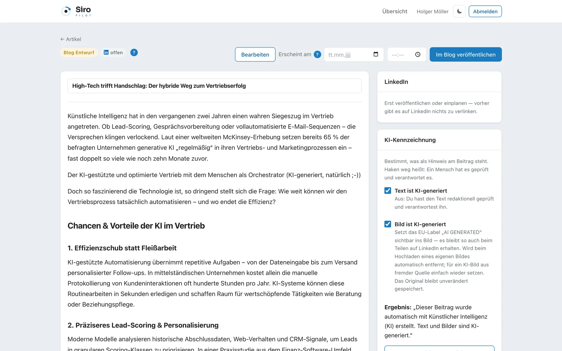 Der Artikel-Editor von Siro-Pilot mit einem fertigen Blogartikel, KI-Kennzeichnung und Veröffentlichungstermin