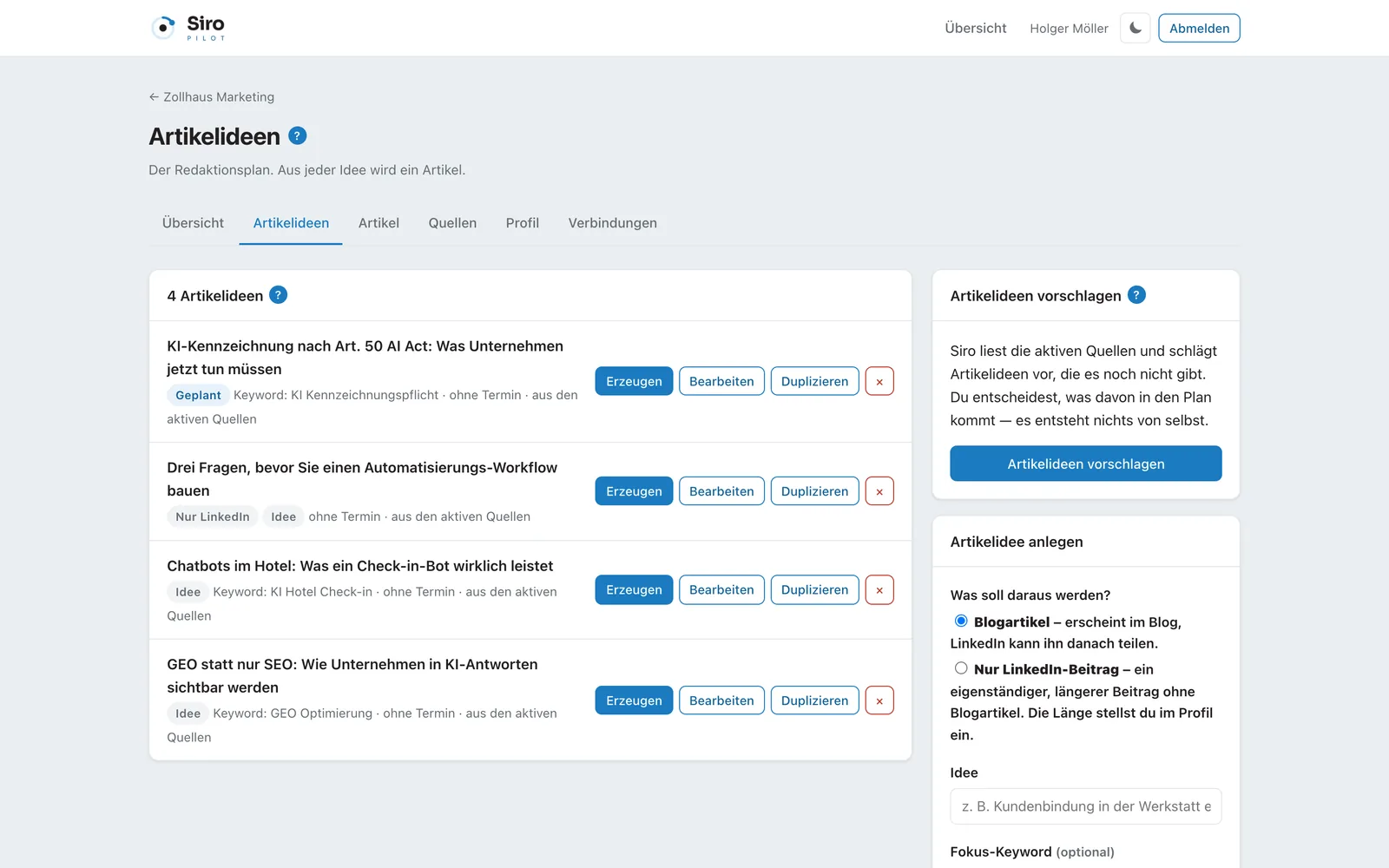 Artikelideen mit Keyword, Status und den Knöpfen Erzeugen, Bearbeiten, Duplizieren